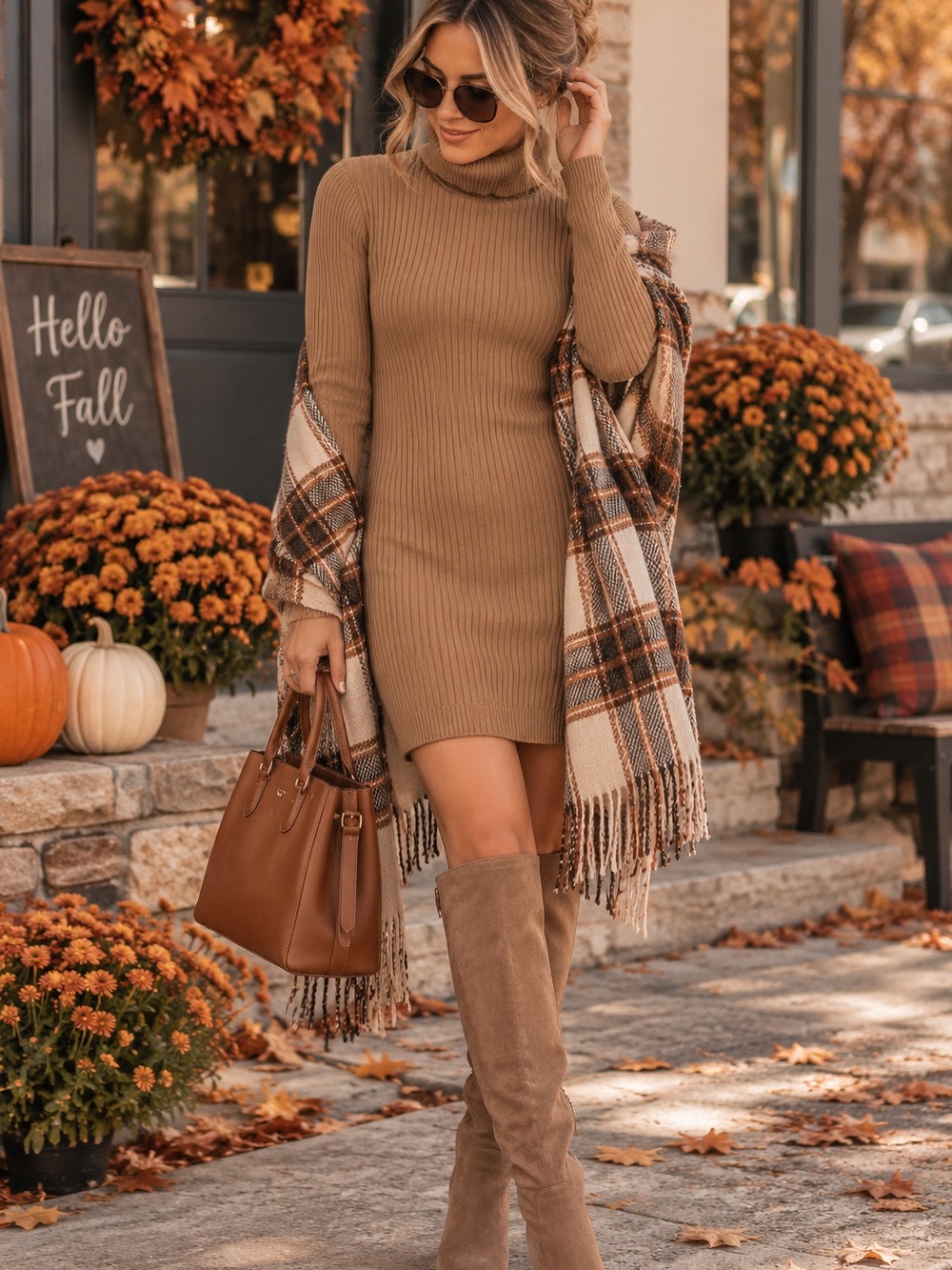 Love Tree Ribbed Turtleneck Long Sleeve Dress in Camel